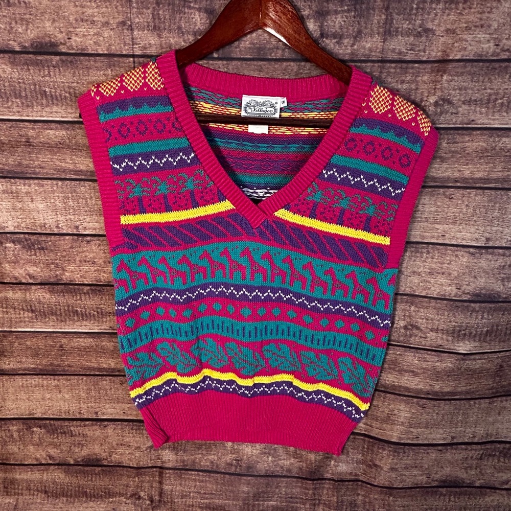 Vintage The Villager Sweater Vest Giraffe Pineapple Palm Pink Teal V-Neck S USA